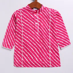 Vastramay Cotton Woven Full Sleeves Leheriya Printed Lace Detailed Dhoti Kurta Set - Pink image 4