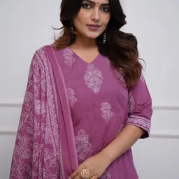 KALINI Floral Printed V-Neck Straight Kurta With Trousers & Dupatta image 5