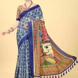 Silk Land Blue Printed Saree With Unstitched Blouse-image-79