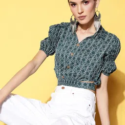 BAESD Women Shirt Collar Bishop Sleeves Pure Cotton Shirt Style Crop Top-image-95