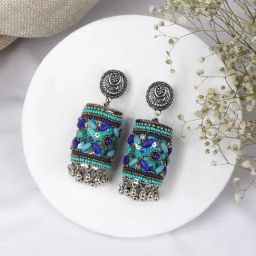 Teejh Ethnic Ganavi Blue Stone Silver Oxidized Jhumki Earring-picture-36