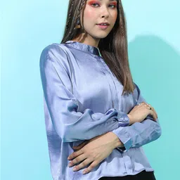 Tokyo Talkies Blue & rich black Mandarin Collar Shirt Style Top-image-22