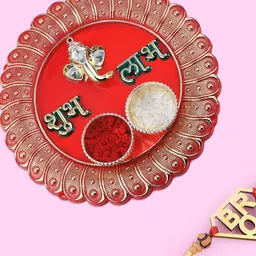 Silver Shine Gold-Toned 1 Rakhi & 1 Bhaiya Rakhi With Pooja Thali Roli Chawal Card-picture-18