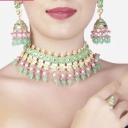 Zaveri Pearls Pink & Green Meenakari Cluster Beads Kundan Choker Necklace Earring & Ring Set-ZPFK13538-picture-0