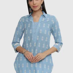 Biba Blue Cotton Embroidered Straight Short Kurti-image-44