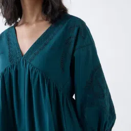 LOV by Westside Teal Embroidered Cotton A-Line Dress image 4