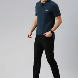 u.s. polo assn. U S Polo Assn Men Navy Blue Solid Polo Collar Pure Cotton T-shirt with Brand Logo Embroidery image 5