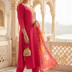 SZN Women Ethnic Motifs Embroidered Regular Silk Crepe Kurta with Trousers & With Dupatta image 2