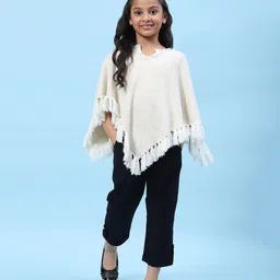 BIBA Wool Half Cape Sleeves Sequin Embellished Neckline & Tassel Detailed Poncho Top - Off White image 1