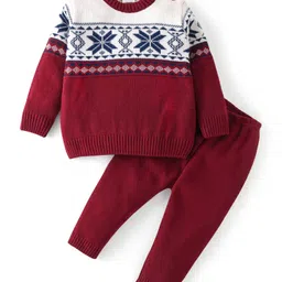 Babyhug 100% Acrylic Knit Full Sleeves Sweater Set Damask Design - Maroon-picture-16