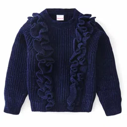 Babyhug Knitted Full Sleeves Pullover Sweater with Solid Colour & Frill Detailing - Navy Blue-image-56