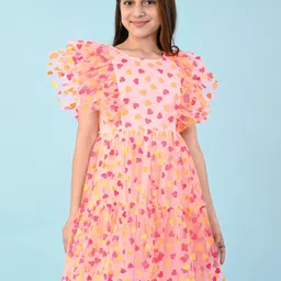 Pine Kids Sleeveless Heart Glitter Print Knee Length Party Dress- Peach image 1