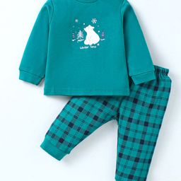 Zero Interlock Knit Full Sleeves Checkered & Bear Printed T-Shirt & Joggers Set - Teal Blue-picture-0