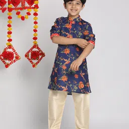 Vastramay Full Sleeves Floral Printed Kurta With Solid Pyjama Set - Navy Blue & Cream-picture-19