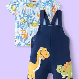 Babyhug Single Jersey Knit Half Sleeves T-Shirt & Dungaree with Dino Print - White & Navy Blue-picture-28
