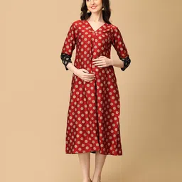 The Mom Store Cotton Three Fourth Sleeves Floral Foil Printed Maternity Dress - Maroon-picture-24