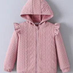 Mark & Mia Full Sleeves Front Open Hooded Sweatjacket with Frill Detailing & Cable Knit Design - Pink image 1