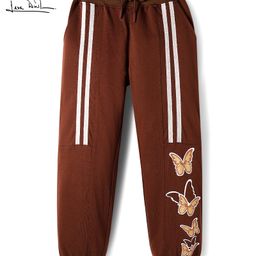 arias by lara dutta Arias 100% Cotton Knit Full Length Joggers With Glitter Butterfly Print & Cut & Sew Detailing - Brown-picture-12