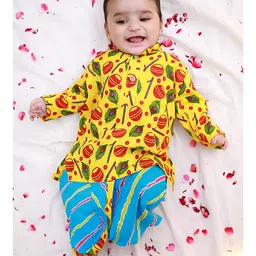 KID1 Cotton Woven Full Sleeves Peacock Feathers Printed Dhoti Kurta Set - Yellow & Blue-picture-21