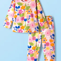 Babyhug Cotton Knit Full Sleeves Co-ords Night Suit With Floral Print - Pink-picture-16