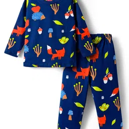 Babyhug Cotton Knit Full Sleeves Co-ord Night Suit With Fox Print - Navy Blue-image-77