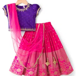 Babyhug Brocade Woven Half Sleeves Pattu Pavda Choli Lehenga & Dupatta Set With Floral Embriodery - Fuschia-picture-18