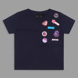 Actuel Cotton Knit Half Sleeves Patch Detailed Top - Navy Blue-image-46