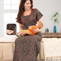 Fabme Sinker Knit Half Sleeves Floral Printed Maternity Nighty With Side Seam Nursing Access - Mehendi Green-picture-36