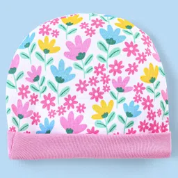 Babyhug 100% Cotton Knit Cap Mittens & Booties with Floral Print - Pink image 2