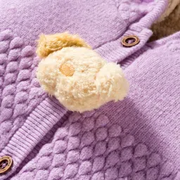 Yellow Apple Knit Full Sleeves Winter Wear Hooded Romper With Dog Applique - Purple image 3
