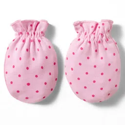 Babyhug 100% Cotton Knit Mittens & Booties Set with Polka Dot Print - Pink image 3