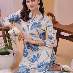 KALINI Women Printed Mandarin Collar Three-Quarter Sleeves Co-Ords-image-87