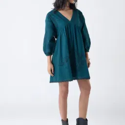LOV by Westside Teal Embroidered Cotton A-Line Dress image 3