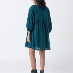 LOV by Westside Teal Embroidered Cotton A-Line Dress image 2