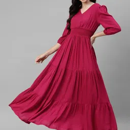 Raiyani Enterprise V-Neck Puff Sleeves Tiered Maxi Dress-image-75