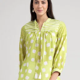Pink Fort Lime Green Print Tie-Up Neck Top-image-64