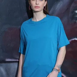 TITTLI Women Colourblocked High Neck Pure Cotton Applique Boxy T-shirt-image-72