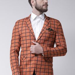 Hangup Men Rust Orange & Blue Checked Single-Breasted Casual Blazer-picture-26