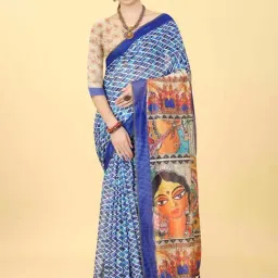 Silk Land Blue Printed Saree With Unstitched Blouse-image-0