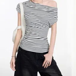 LULU & SKY Women Striped One Shoulder Top image 4