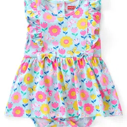 Babyhug 100% Cotton Knit Sleeveless Frock Style Onesie with Floral Print - Multicolour-picture-17