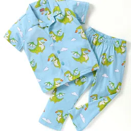 Babyhug Cotton Knit Half Sleeves Front Open Night Suit Dragon Print - Blue-image-23