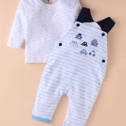 ToffyHouse Cotton Knit Full Sleeves T-Shirt with Striped& Car Embroidered Dungaree - Light Blue-picture-32