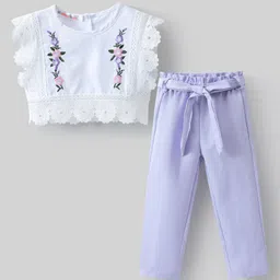 Kookie Kids Sleeveless Top & Legging Set With Floral Embroidery & Lace Detailing - White & Purple-picture-18