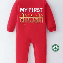 BLUSHES Diwali Theme 100% Cotton Full Sleeves My First Diwali Text Printed Romper - Red-picture-0