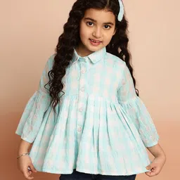 ISHTI Three Fourth Bell Sleeves Checked & Glitter Printed Shirt Style Top - Sky Blue-picture-27