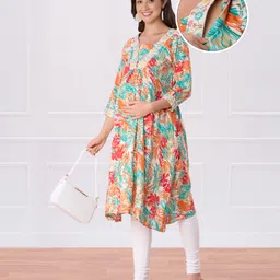 Bella Mama Woven Three Fourth Sleeves Maternity Kurta With Embrodiered Neck Floral Print with Pocket - Orange & Teal Blue-picture-19