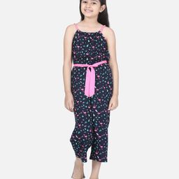StyleStone Rayon Woven Sleeveless Flamingo Printed Jumpsuit With Belt Set - Navy Blue-picture-31