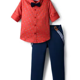 Babyhug Cotton Woven Full Sleeves Floral Printed Party Shirt & Trouser Set With Bow & Suspender - Brown & Navy-picture-31