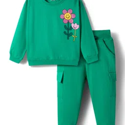 Babyhug Terry Knit Full Sleeves Top and Joggers Set With Front & Back Floral Print - Green-image-56